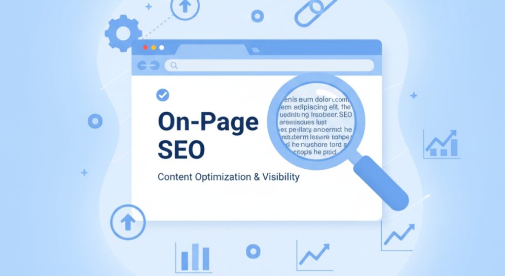 Light blue illustration showing 'On-Page SEO' on a web page