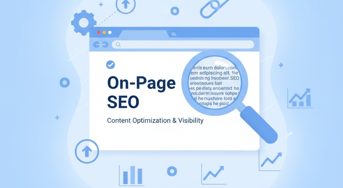Light blue illustration showing 'On-Page SEO' on a web page