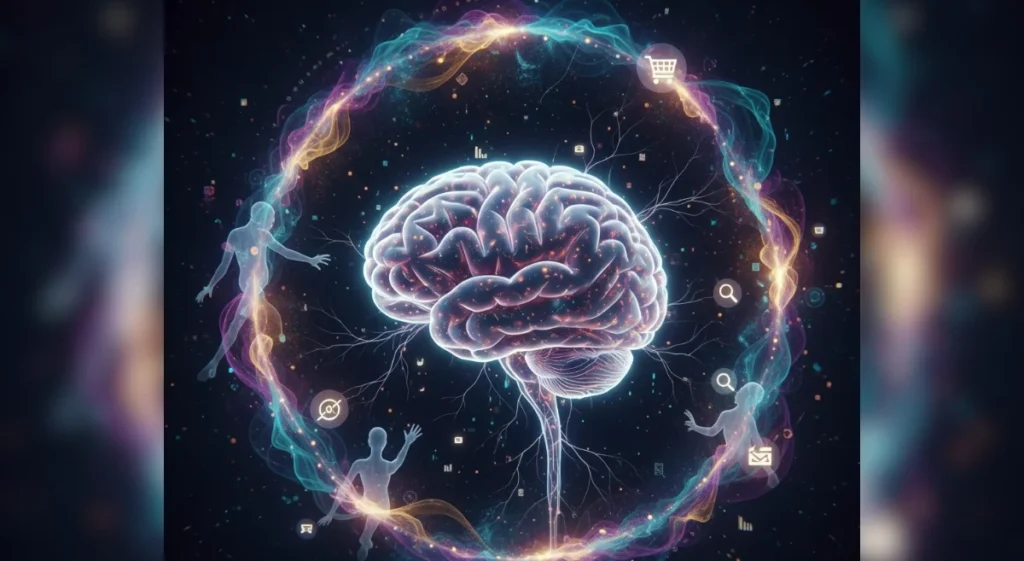 Cosmic brain interwoven with human forms and marketing tech, symbolizing AI's impact