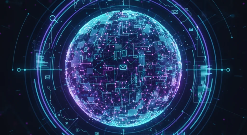 AI tools for digital marketing with abstract 3D sphere and data icons in futuristic design.