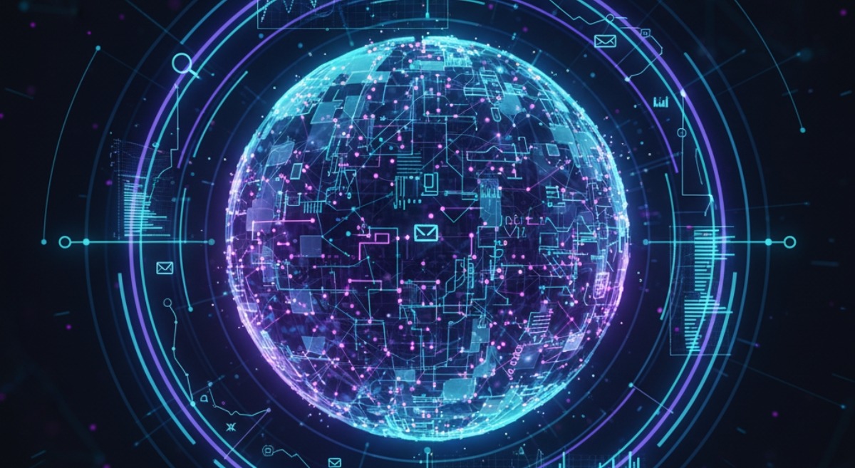 AI tools for digital marketing with abstract 3D sphere and data icons in futuristic design.