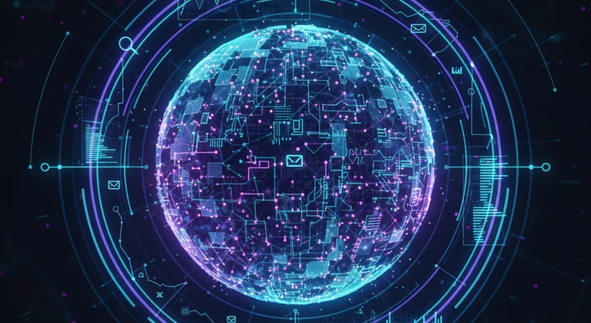 AI tools for digital marketing with abstract 3D sphere and data icons in futuristic design.