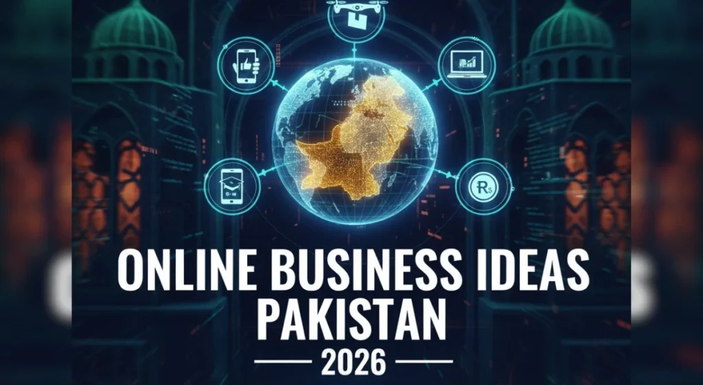 A digital illustration of a globe with Pakistan's map, surrounded by icons for online business ideas