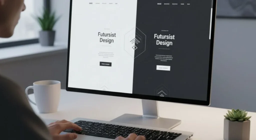 Designer comparing dark mode and light mode web designs on a laptop in a modern workspace.