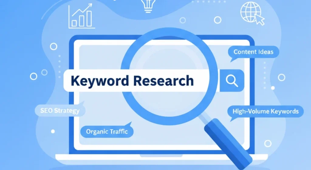 Magnifying glass over search terms, illustrating professional keyword research steps for beginners to optimize content.