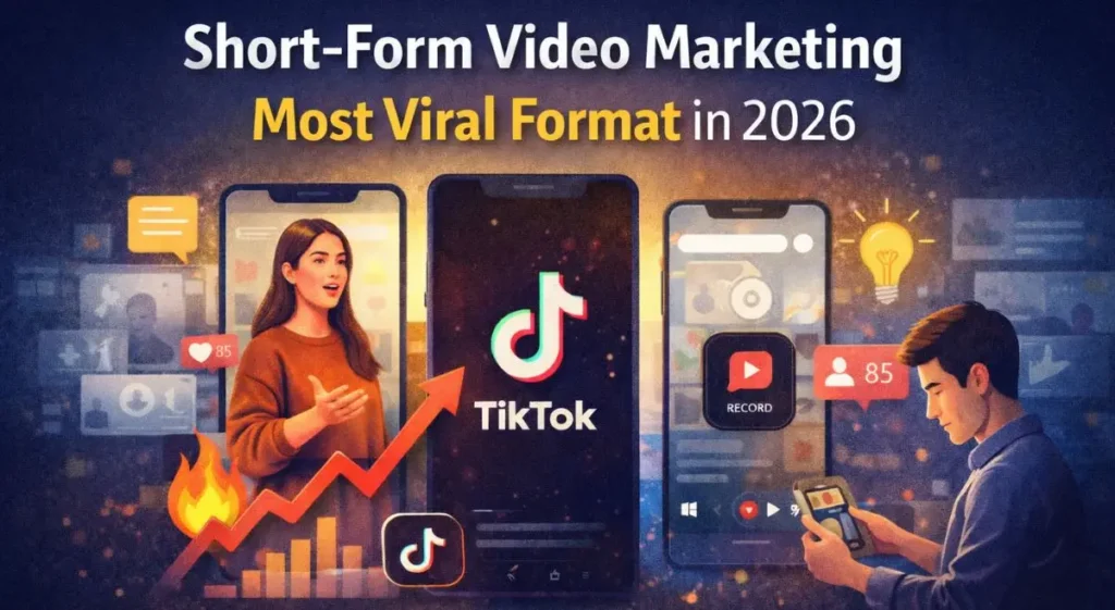 Illustration showing short-form video marketing in 2026 with TikTok, YouTube Shorts, and Instagram Reels.