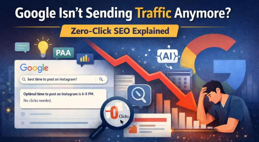 Illustration showing zero-click SEO with Google search results, AI answers, featured snippets, and declining website traffic.